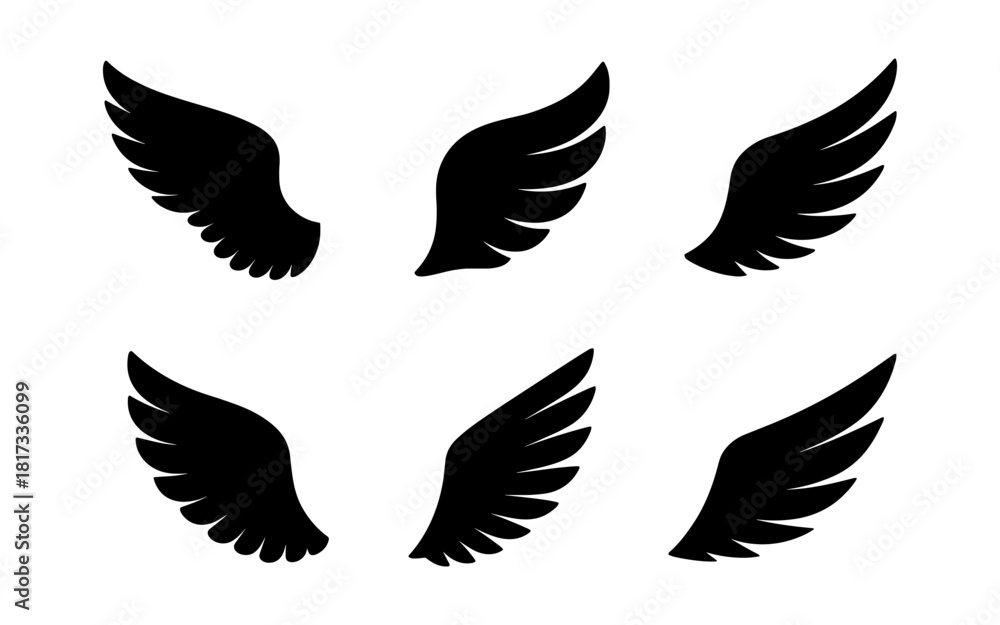 Fototapeta premium Silhouette angel and bird wings set - black elegant designs for creative projects