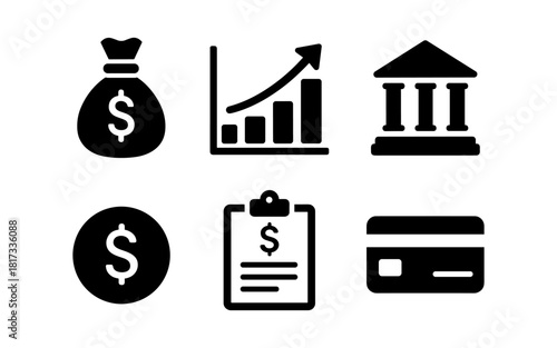 Financial icons set: money bag, chart, bank, coin, report, card