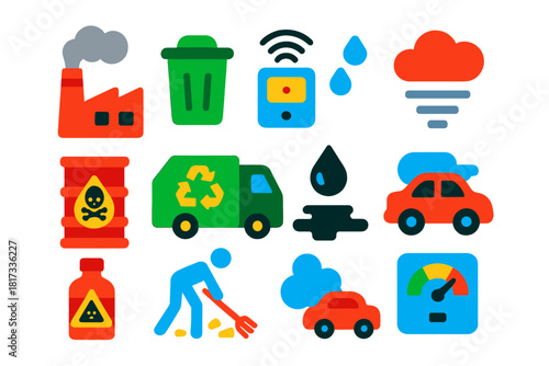 Pollution Control Icons. Flat vector icons of pollution control: factory smokestack, trash bin, air quality sensor, water filter,