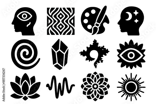 Psychedelic Iconic Patterns. Solid style icons of Psychedelic Art: Visionary, Pattern, Color, Consciousness, Spiral, Crystal,