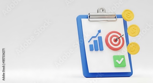 Financial target achievement depicted on clipboard isolated on white background with coins and graph