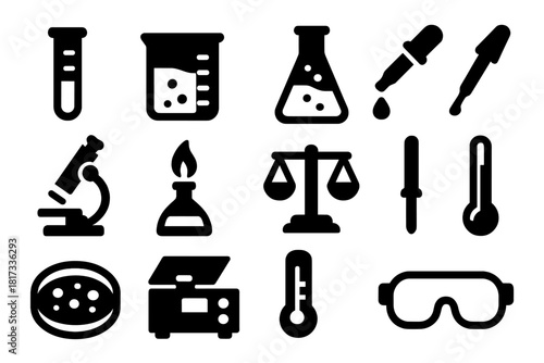 Laboratory Tools Icons. Solid style icons of laboratory experiments and tools: test tube, beaker, flask, dropper, microscope,