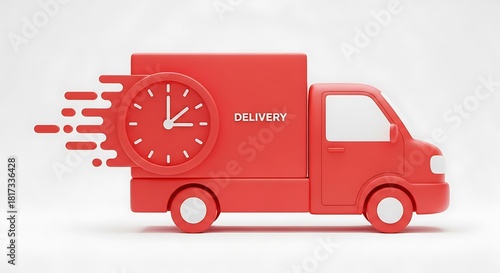 A red delivery truck with a clock on the side isolated on white background, symbolizing fast and timely service