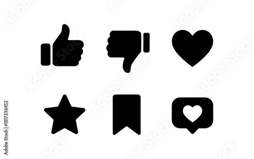Minimalist black icons set: thumbs up, thumbs down, heart, star, bookmark, message