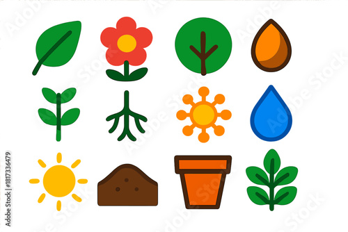 Vibrant Botany Icons. Flat vector icons of botany: leaf, flower, tree, seed, stem, roots, pollen, water droplet, sun, soil, plant