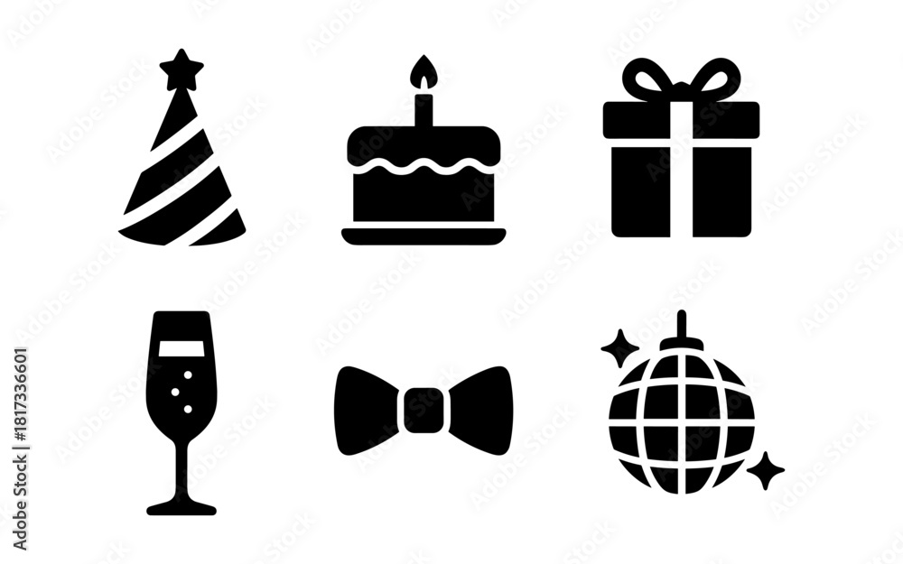 Fototapeta premium Party icons: celebration set featuring cake, gift, and disco ball