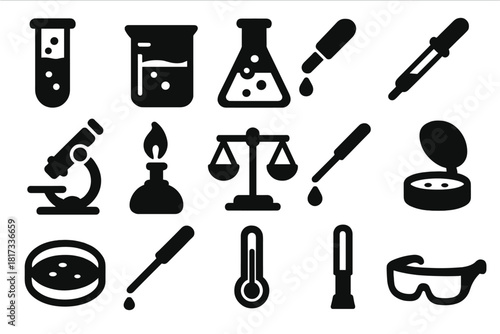 Laboratory Tools Icons. Solid style icons of laboratory experiments and tools: test tube, beaker, flask, dropper, microscope,