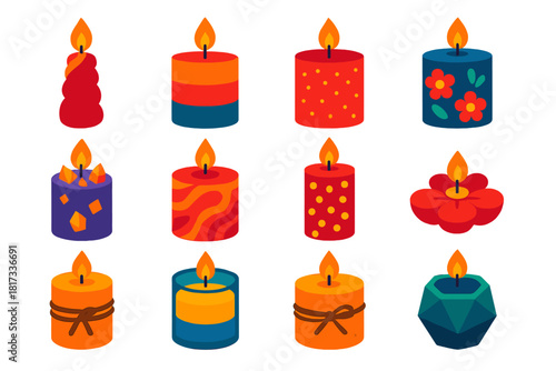 Colorful Candle Icons. Flat vector icons of Decorative Candles: carved spiral candle, layered color candle, glitter candle,