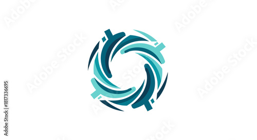 Abstract Geometric Design Utilizing Spirals, Forming An Artistic Circular Blue Emblem