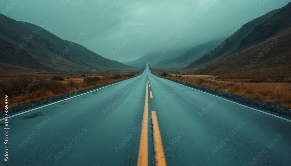 Obraz premium Empty wet asphalt road stretches through vast valley towards misty mountains. Dry grass covers hillsides under overcast sky. Journey begins on lonely highway.