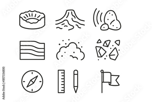 Crater Formation Icons. Line style icons of Crater Formation: Impact Crater, Lava Flow, Shockwave, Boulder; Rock Layers, Dust,