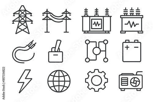 Energy Network Icons. Line style icons of Energy Networks: Transmission Tower, Power Line, Substation, Transformer; Cable, Switch,