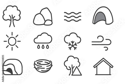 Environmental Adaptation Icons. Line style icons of Environmental Adaptation: Tree, Rock, Water, Cave; Sun, Rain, Snow, Wind;