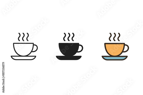Minimalist Teacup Trio. Minimalist tea cup icon: three identical small teacups with saucers and steam above in a row, first in