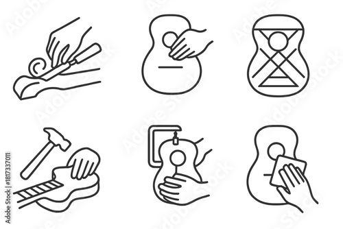 Guitar Crafting Icons. Line style icons of Guitar Building Stages: neck carving, body shaping, bracing layout, gluing process,
