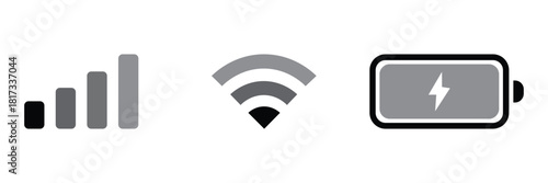 Status bar icon. Phone bar status Icons which includes Cellullar, battery and wi-fi signal strength. Signal strength wifi and battery icons technology. Battery, WiFi, and mobile network icon vector.