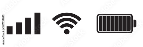 Status bar icon. Phone bar status Icons which includes Cellullar, battery and wi-fi signal strength. Signal strength wifi and battery icons technology. Battery, WiFi, and mobile network icon vector.