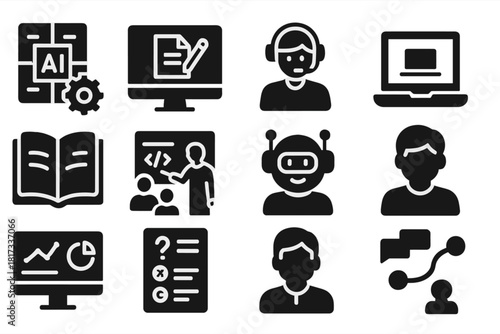 Digital Learning Icons. Solid style icons of Digital Learning AI: adaptive learning module, automated assessment, virtual tutor,