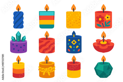 Colorful Candle Icons. Flat vector icons of Decorative Candles: carved spiral candle, layered color candle, glitter candle,
