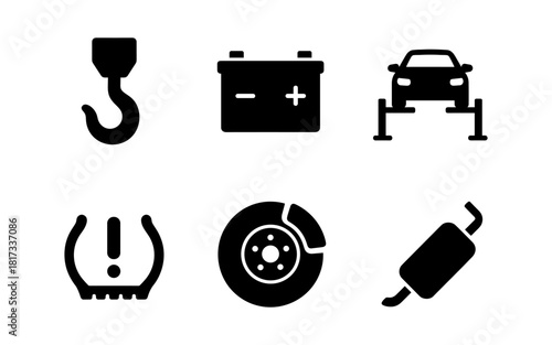 Essential car maintenance icons set in black silhouette style