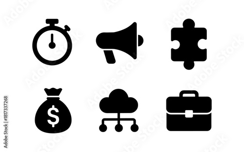 Collection of business and technology icons in minimalist silhouette style