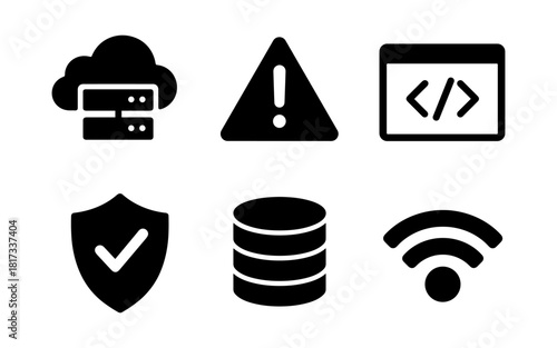 Essential technology icons set: cloud, alert, coding, security, database, wifi