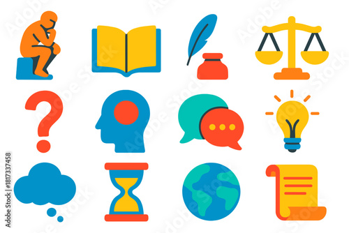 Philosophy Icon Collection. Flat vector icons of philosophy: thinker statue, open book, quill pen, scales of justice, question
