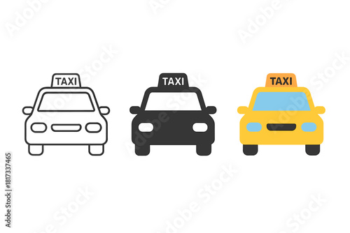Minimalist Taxi Icons. Minimalist taxi city transport icon: three identical cars with a small taxi sign on top in a row, first in
