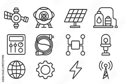 Future Tech Icons. Line style icons of Future Tech Infrastructure: Orbital Station, Fusion Reactor, Solar Array, Hydrogen Hub;
