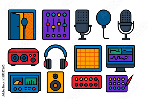Music Studio Icons. Flat vector icons of music recording studio: vocal booth, control panel, mixing desk, microphone, pop filter,