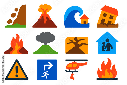 Natural Disaster Icons. Flat vector icons of natural disasters: landslide, volcanic eruption, tsunami, earthquake, lava flow, ash