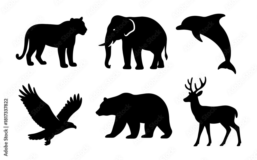 Obraz premium Wildlife animal silhouettes set featuring bear, deer, and more