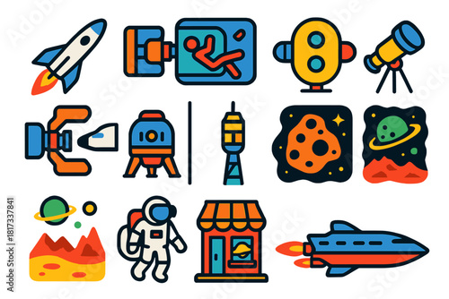 Space Tourism Icons. Flat vector icons of space tourism: passenger rocket, zero-gravity cabin, space hotel, viewing telescope,