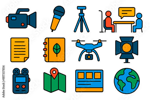 Documentary Production Icons. Flat vector icons of documentary production: camera, microphone, tripod, interview setup, script,
