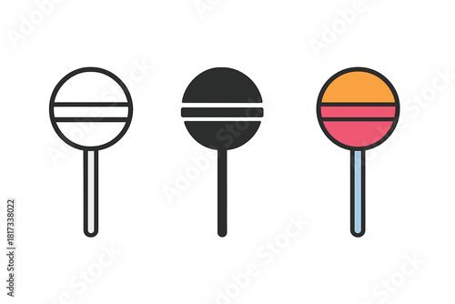 Minimalist Lollipop Trio. Minimalist lollipop icon: three identical round lollipops on sticks in a row, first in line style with
