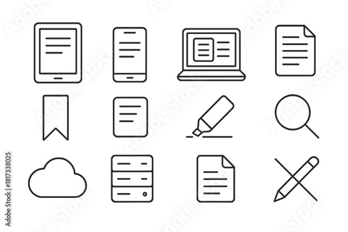 E-Book Platform Icons. Line style icons of E-Book Platforms: Tablet, Smartphone, Laptop, Reader App; Bookmark, Note, Highlight,