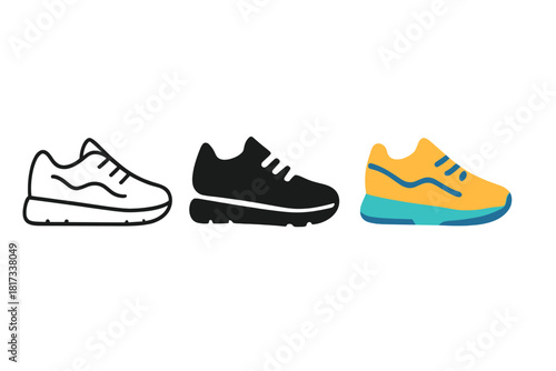 Minimalist Sneaker Icons. Minimalist running shoe icon: three identical sneakers in side view in a row, first in line style with