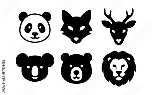 Animal silhouette set with panda, koala, fox, deer, bear and lion faces