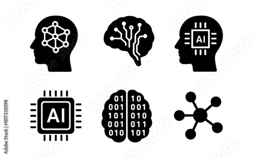 Artificial intelligence icons: ai, brain, network, and circuit designs