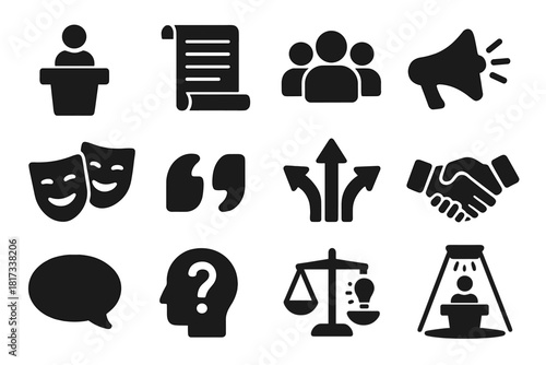 Rhetoric Symbol Icons. Solid style icons of rhetoric and persuasion: speech podium, open scroll, audience crowd, megaphone, debate