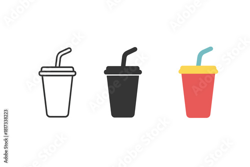 Minimalist Soda Icons. Minimalist soda cup fast food icon: three identical soda cups with straws in a row, first in line style