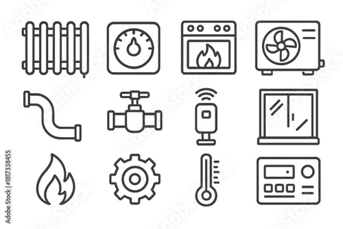 Home Heating Icons. Line style icons of Home Heating Solutions: Radiator, Thermostat, Stove, Heat Pump; Pipe, Valve, Sensor,