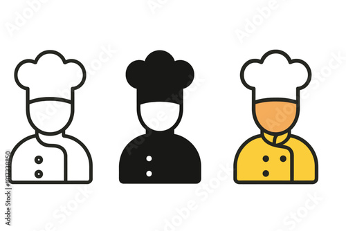 Minimalist Chef Icons. Minimalist chef profession icon: three identical chefs wearing tall hats in a row, first in line style with