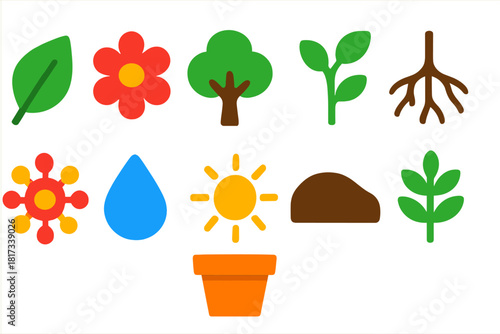 Vibrant Botany Icons. Flat vector icons of botany: leaf, flower, tree, seed, stem, roots, pollen, water droplet, sun, soil, plant