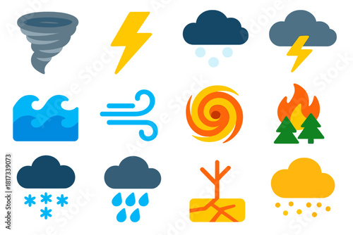 Extreme Weather Icons. Flat vector icons of extreme weather: tornado, lightning strike, hailstorm, storm cloud, flood waves, wind