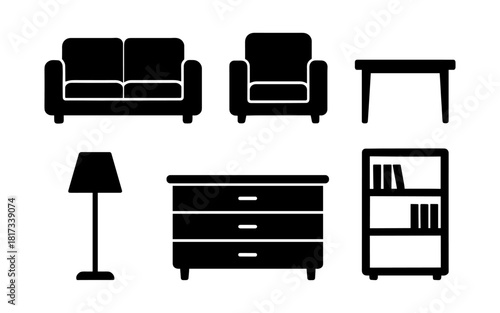 Minimalist black silhouette furniture set featuring sofa, chair, table, lamp, dresser, and bookshelf