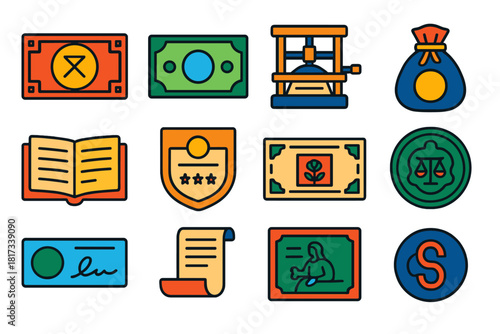 Colorful Money Icons. Flat vector icons of paper money origins: Chinese banknote, watermarked bill, printing press, silk money