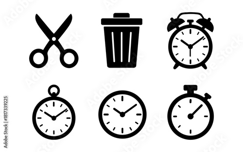 Minimalist icons of scissors, bin, and various clocks in black silhouette style