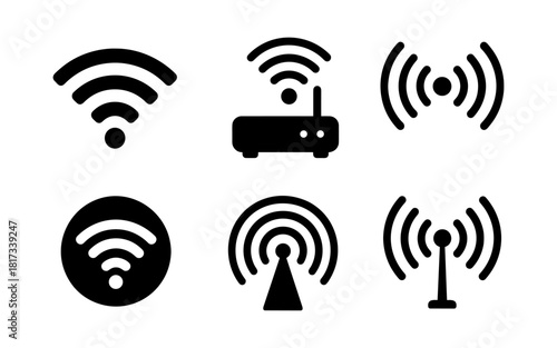 Black wifi and signal icons set on white background