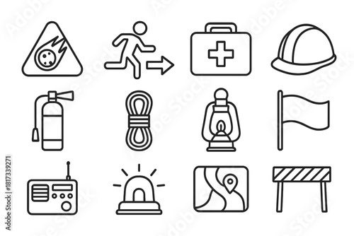 Meteor Safety Icons. Line style icons of Meteor Safety & Response: Warning Sign, Evacuation Route, First Aid Kit, Helmet; Fire